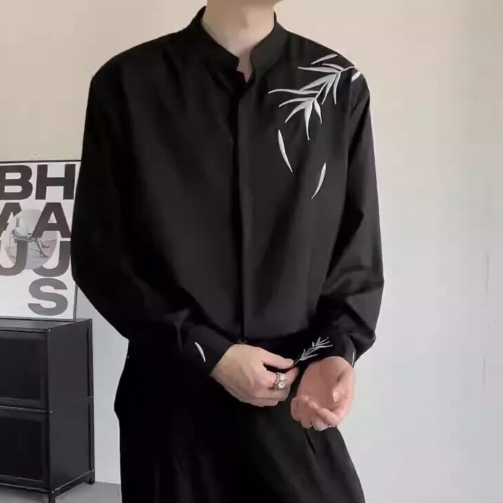 スタンドカラー刺繍ロングスリーブ長袖シャツ 2color MTO0353