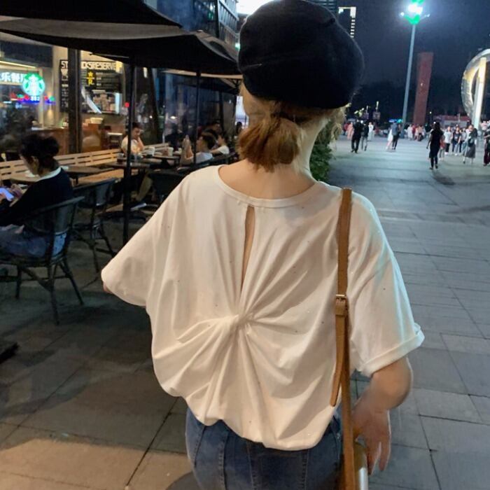 バージョンのバック中空と結び目の無地の野生の輝くTシャツ底入れシャツ女性の夏の新しい半袖白のトップの服 1号婦人23258133185