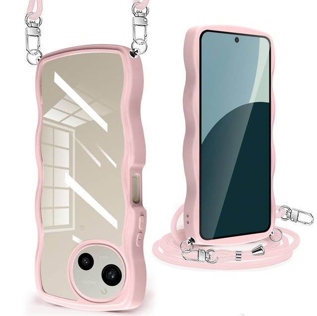 AQUOS R9/R10 ケース クリア ショルダー ストラップ付き SH-51F/SH-51E カバー かわいい 波状フレーム 人気 耐衝撃 透明 アクオス R9/R10 スマホケース 首かけ 肩掛け TPU 薄型 軽量 ワイヤレス充電対(ピンク)