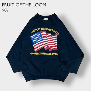 FRUIT OF THE LOOM 80s 90s USA製 プリント アーチロゴ 星条旗 国旗 スウェットシャツ トレーナー プルオーバー 黒 ラグランスリーブ ユニセックス XL ヴィンテージ  ビンテージ オールド US古着