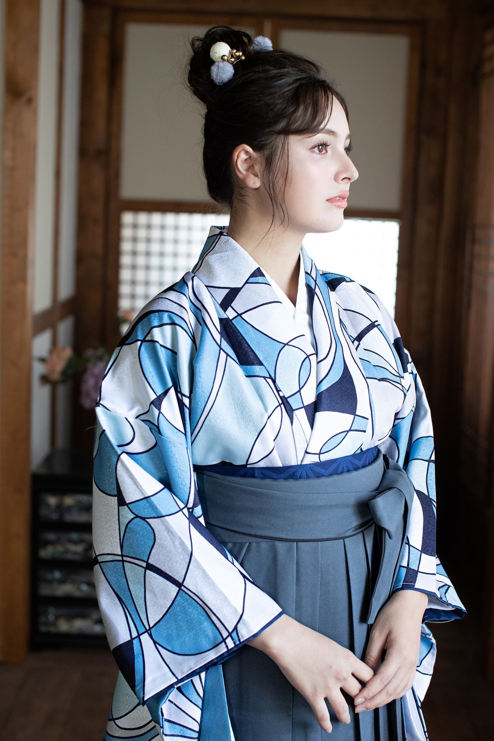 Kimono Sienne 卒業式袴3点セット ジオメトリック ブルー 青系 袴 二尺