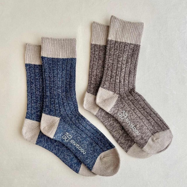 【 完売 】撚り杢リブ クルーソックス 靴下２足組｜グレージュ くすみブルー ブルーグレー ナチュラル ソックス セット KIVISDOU