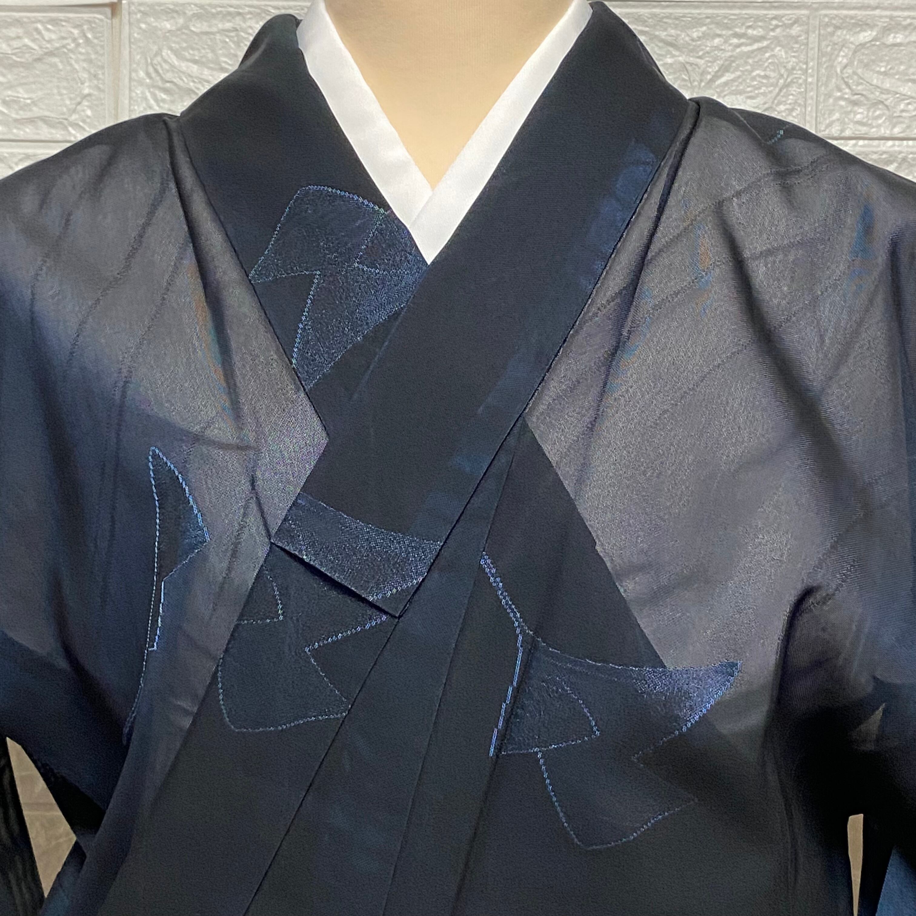 薄物 紗】夏着物 小紋 葉模様 黒色 紺色 着物 和洋 清涼感 昭和レトロ