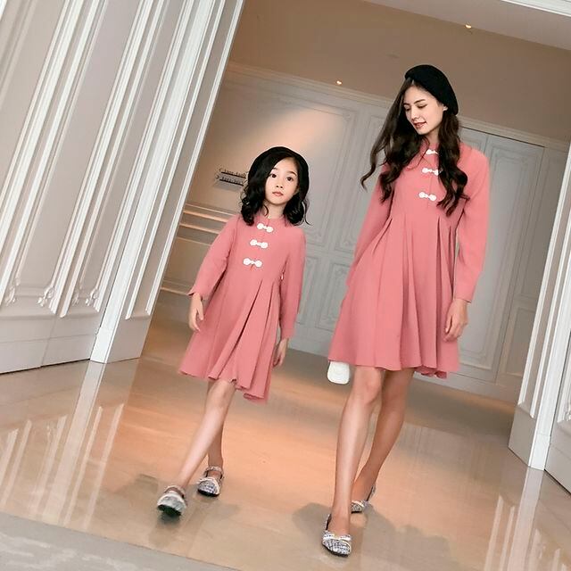 親子ペア チャイナカラー ワンピース ハイネック ひざ丈 長袖 春 夏 親子リンク 親子コーデ おそろコーデ リンクコーデ 親子 キッズ おしゃれ サイズ お出かけ Pl 0005 Y Orurea Berry オルレアベリー