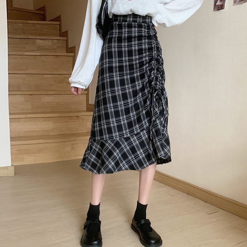 格子柄スカート ハイウェストオータムウィンターAライン 秋物 冬物 試着室17793503423