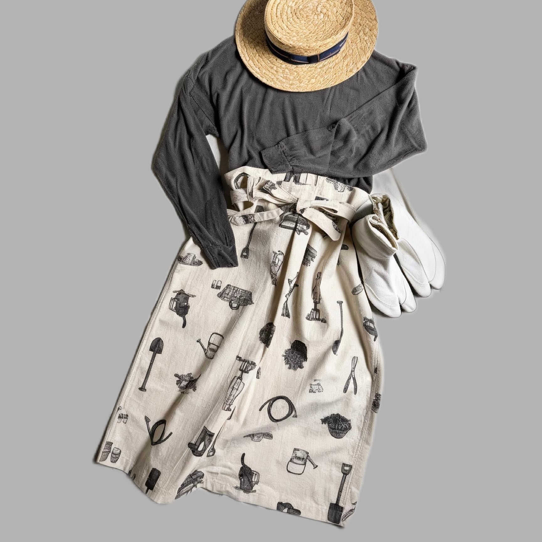 R&D.M.Co-/OLDMANS TAILOR(アールアンドディーエムコー/オールドマンズテーラー) / G.G.T TIE STRING BOX SKIRT/ タイストリングボックススカート#7633 NATURAL×BLACK