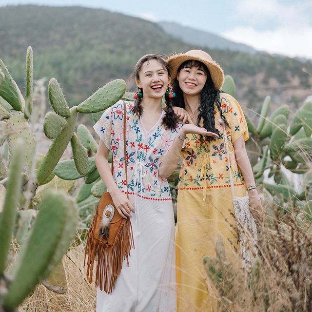 エスニックスタイルドレス Flowerデザイン 刺繍スカート ウェストサマー 大人ガーリー スウィート キュート カジュアル 夏物 フラワーデザイン ドリームホーストラベル婦人服6932465526