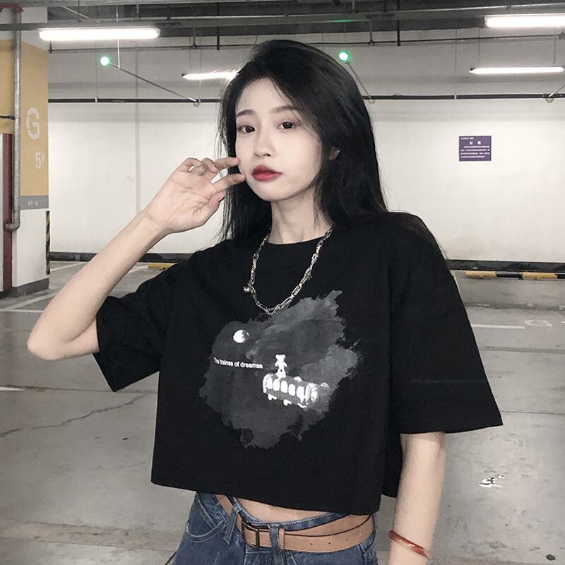 ブラックショートTシャツ サマールーズトップス 夏物 試着室75996080395