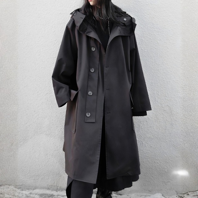 Asymmetry buttons hooded long coat　V3113