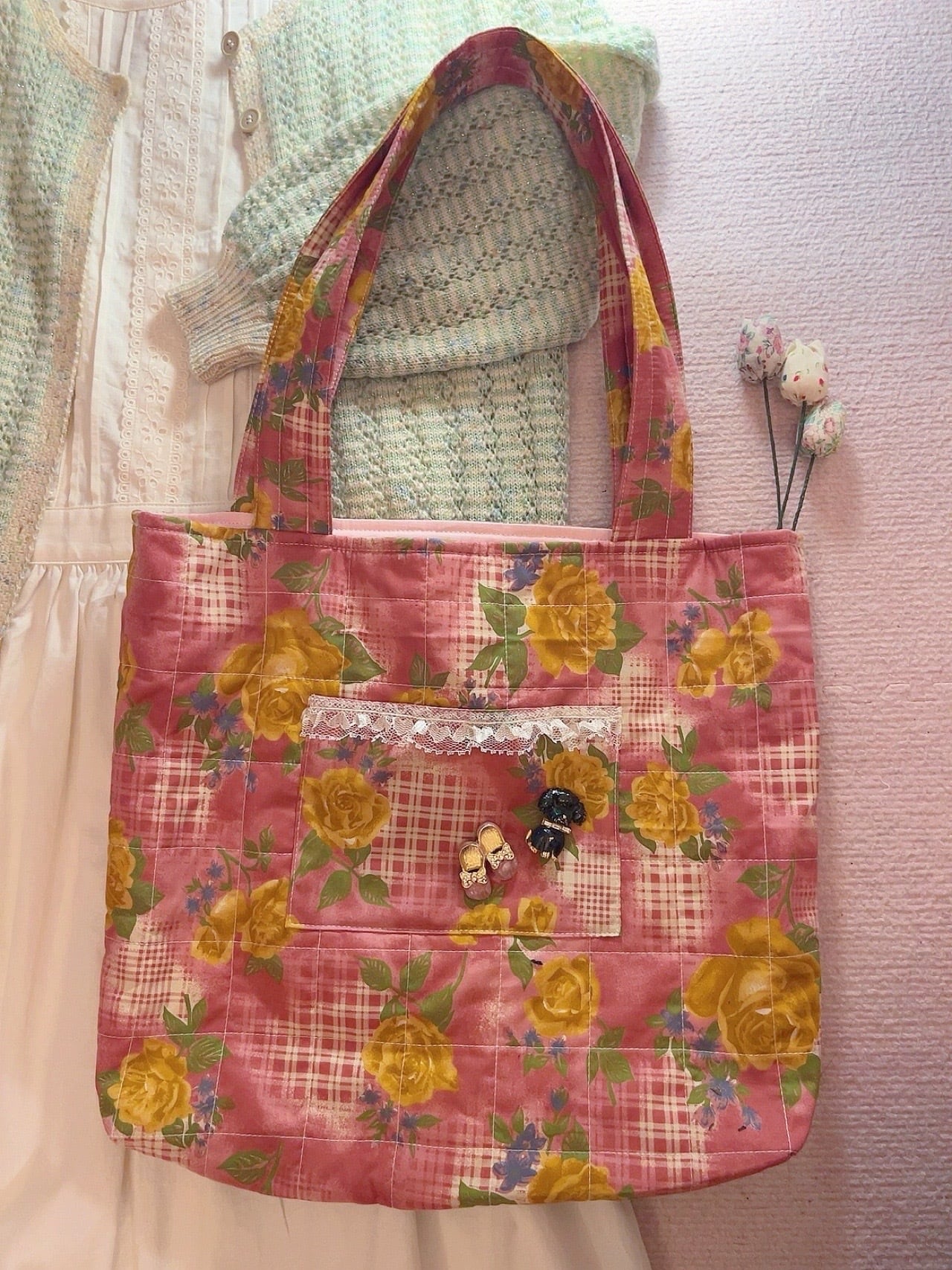original / pink flower quilting tote bag