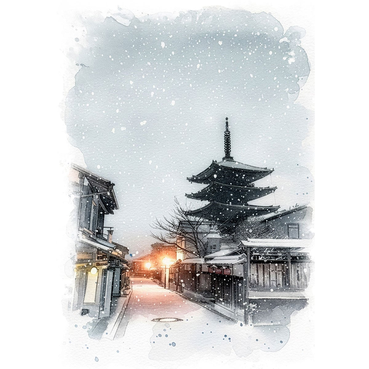 絵画(風景画) 日本 冬の京都 雪が降る八坂の塔 インテリアアート額付き 水彩画・油絵風 WAT0827