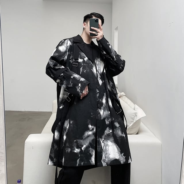 【予約販売】コート ロングコート ライトアウター ミドル丈 グラデーション 総柄 モノトーン 通学 ビジネス 防寒 メンズ ブラック シック 防寒 お洒落 こなれ感 ベーシック 秋冬 M/L/XL