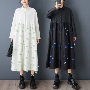 PRINT MESH PANEL LONG SLEEVE MIDI SHIRT DRESS M-18123