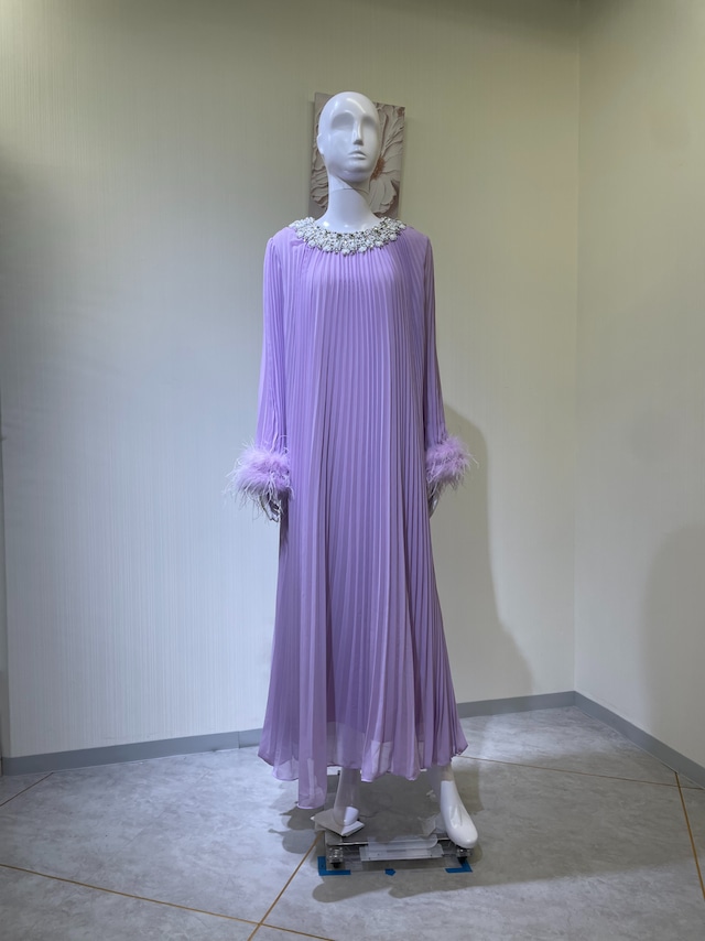 【新品DRESS 4755】デコルテビジュー ファーカフス プリーツ フレア ロングドレス パープル【TWO TWIN STYLE】