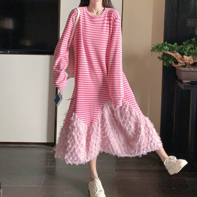 Pink Striped Feather-Fringe Maxi Dress　S0324