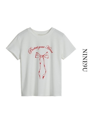 big-ribbon round-neck simple t-shirt 3color【NINE7886】