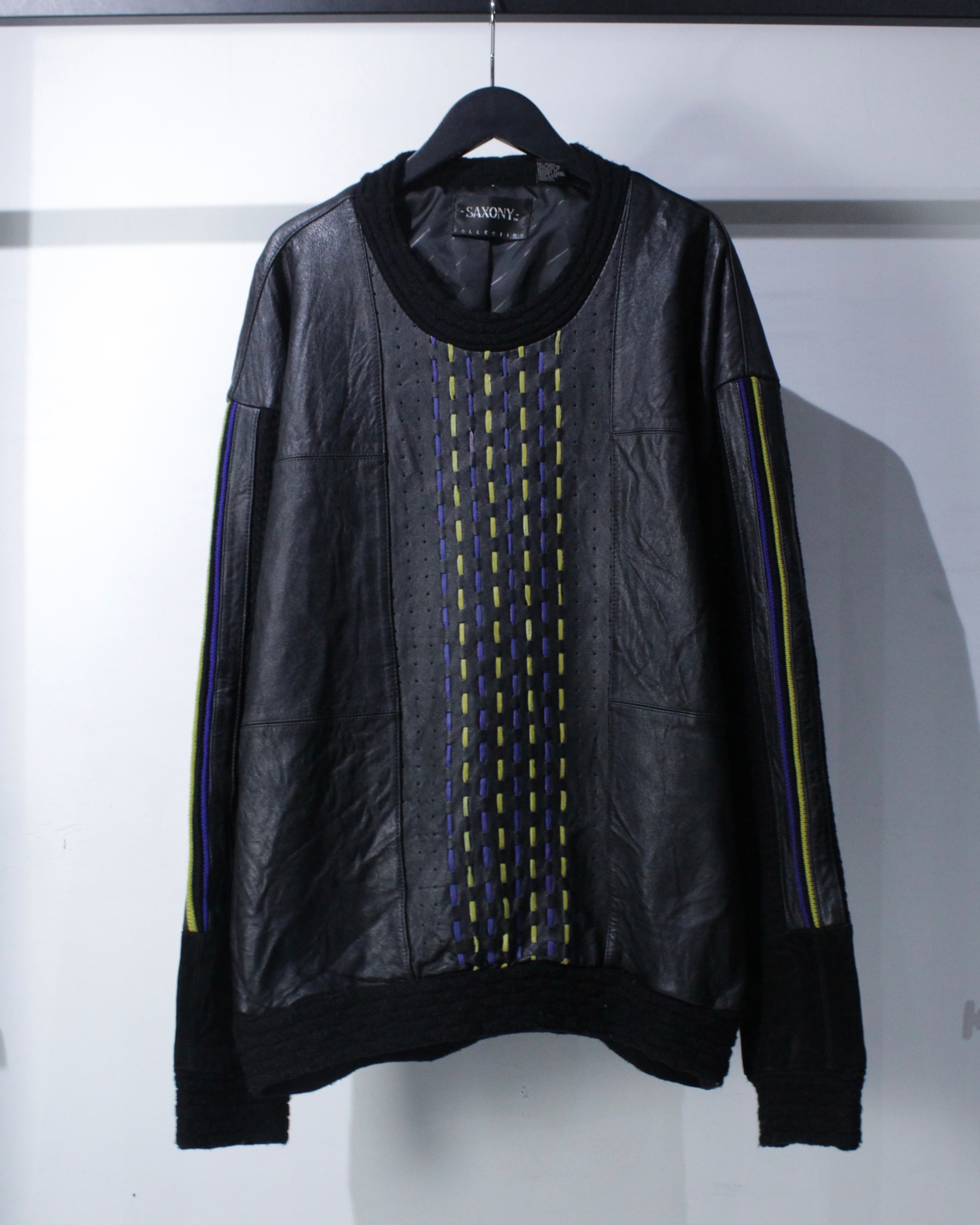 Caka BLACK】“SAXONY” Leather Switching Vintage Pullover Knit