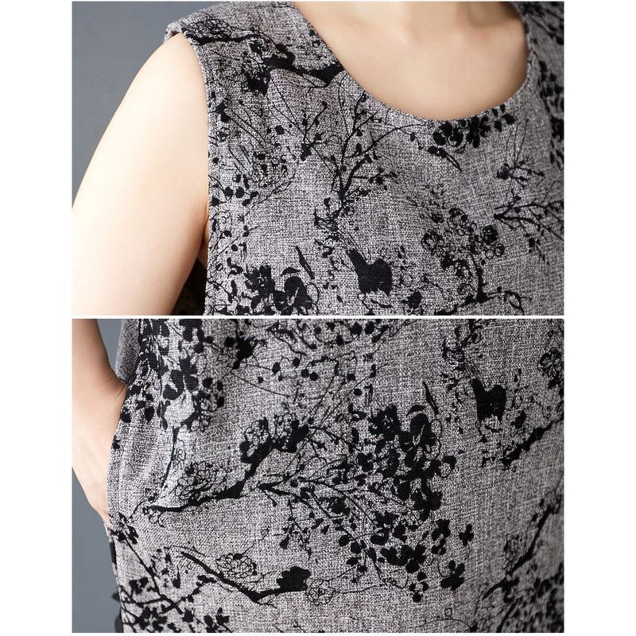 花模様 切り替えノースリーブワンピース  30107