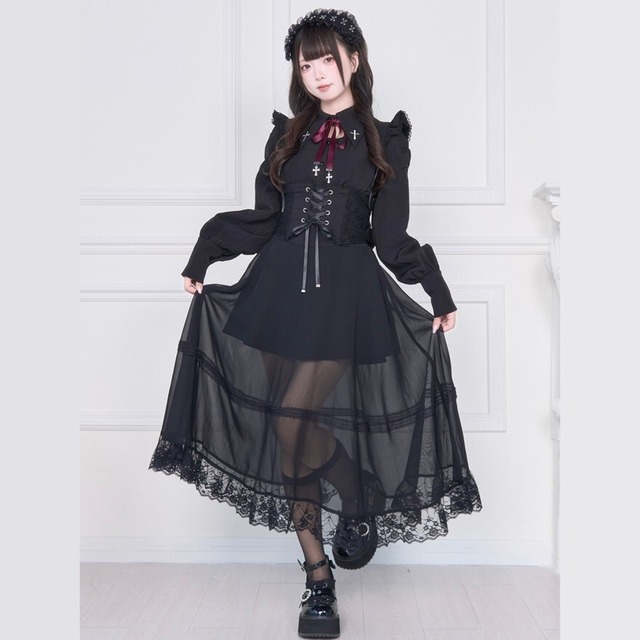 サブカル系 ゴシック ワンピース ロング レースレイヤード バックリボン