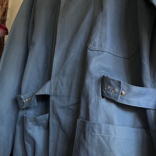 Holland vintage work long jacket(グレイッシュブルーの変わりデザインロングジャケット/ショップコート)