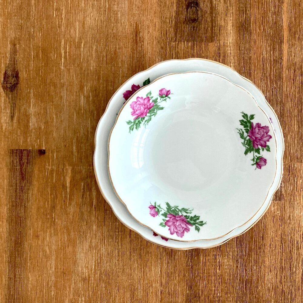 レトロチャイナ皿|牡丹の平皿2枚組Set(S+M)