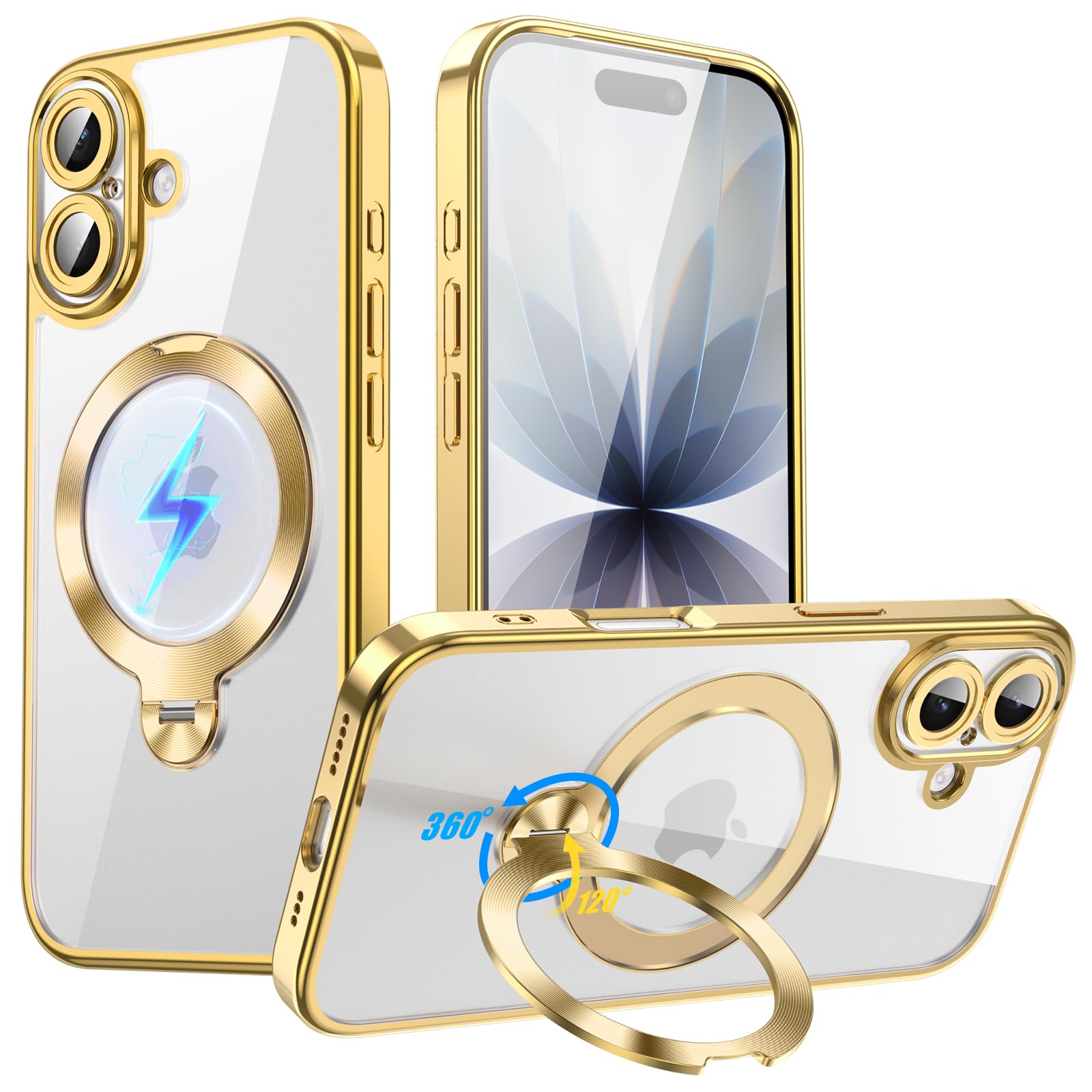 LNOLON iPhone 17 用 ケース MagSafe対応【CD模様リング 360° 回転スタンド付き・縦横両対応】メッキフレーム クリア背面 黄ばみ防止 レンズ保護 ワイヤレス充電対応 米軍MIL規格 耐衝撃 アイフォン17 用 ケース ストラップホール付き(ゴールド)