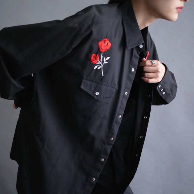 ”刺繍×薔薇" loose black mode western shirt