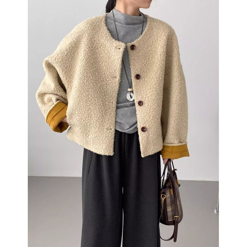 ノーカラー配色ボアジャケット 202237