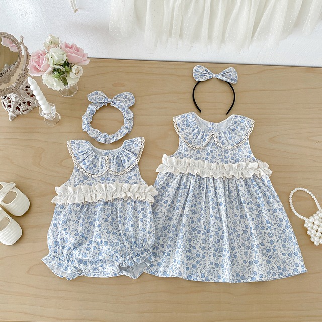 【姉妹服】ブルーフラワーロンパース/ブルーフラワーワンピース - 7