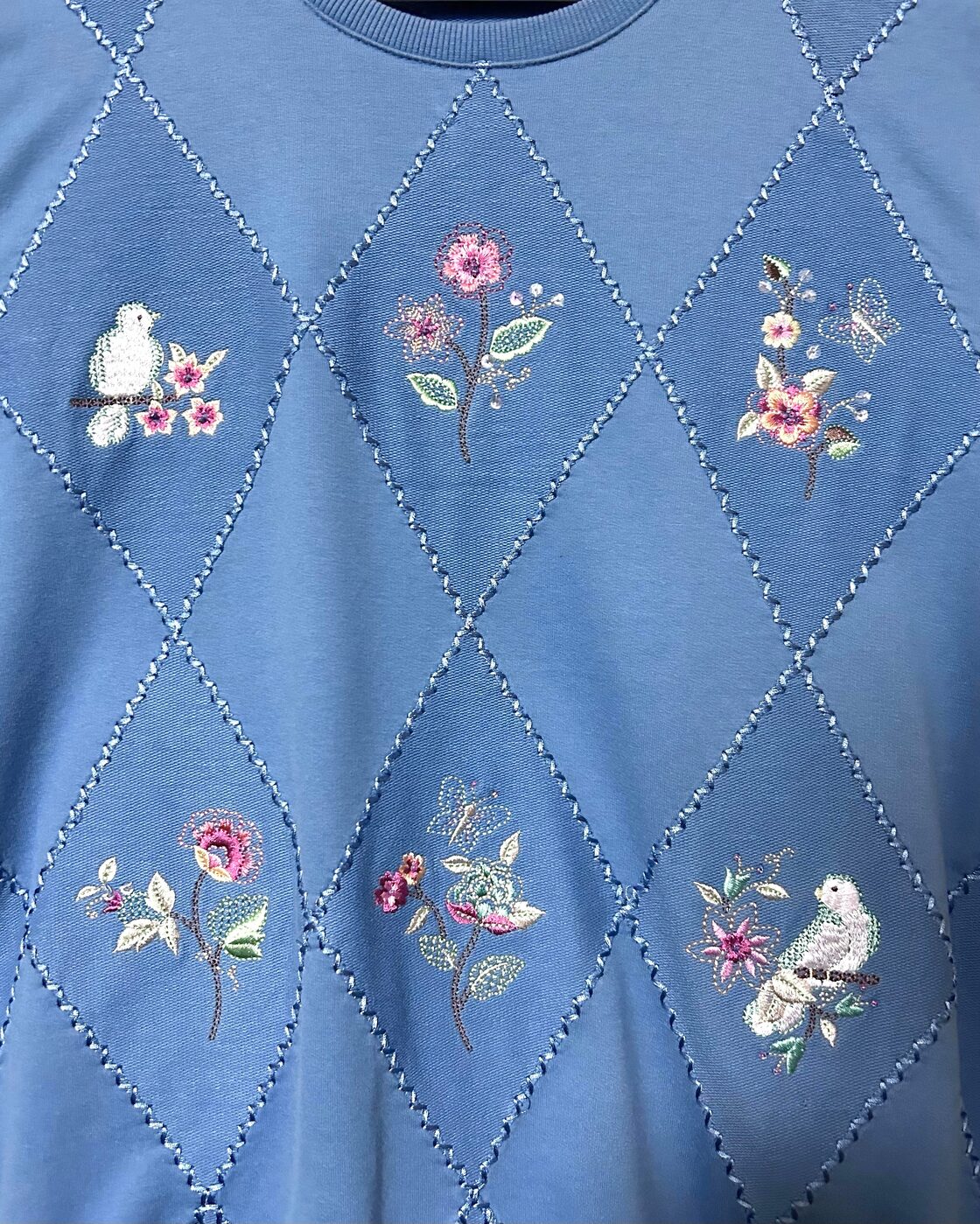 花 鳥 刺繍 スウェット スエット トレーナー 水色 装飾 レトロ 