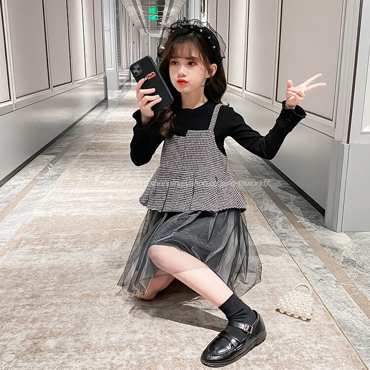 110㎝-170㎝】女の子 ワンピース ベスト 長袖 子供服 キッズ ジュニア 