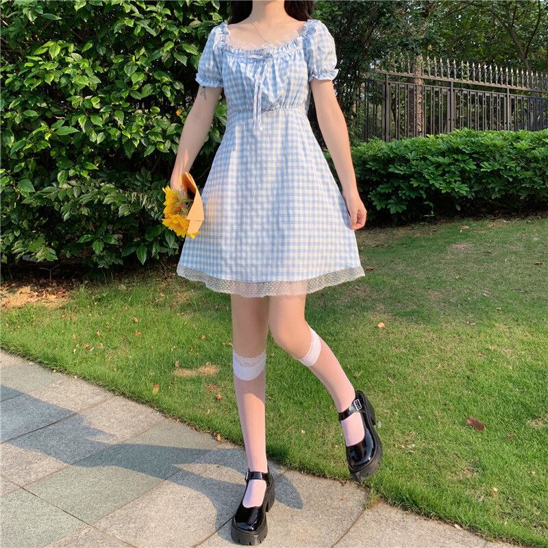 ブルー格子柄ドレス サマーレーススリーブウェスト薄手スカート 大人ガーリー スウィート キュート カジュアル 夏物 スクウェア 萌量不足71011193265