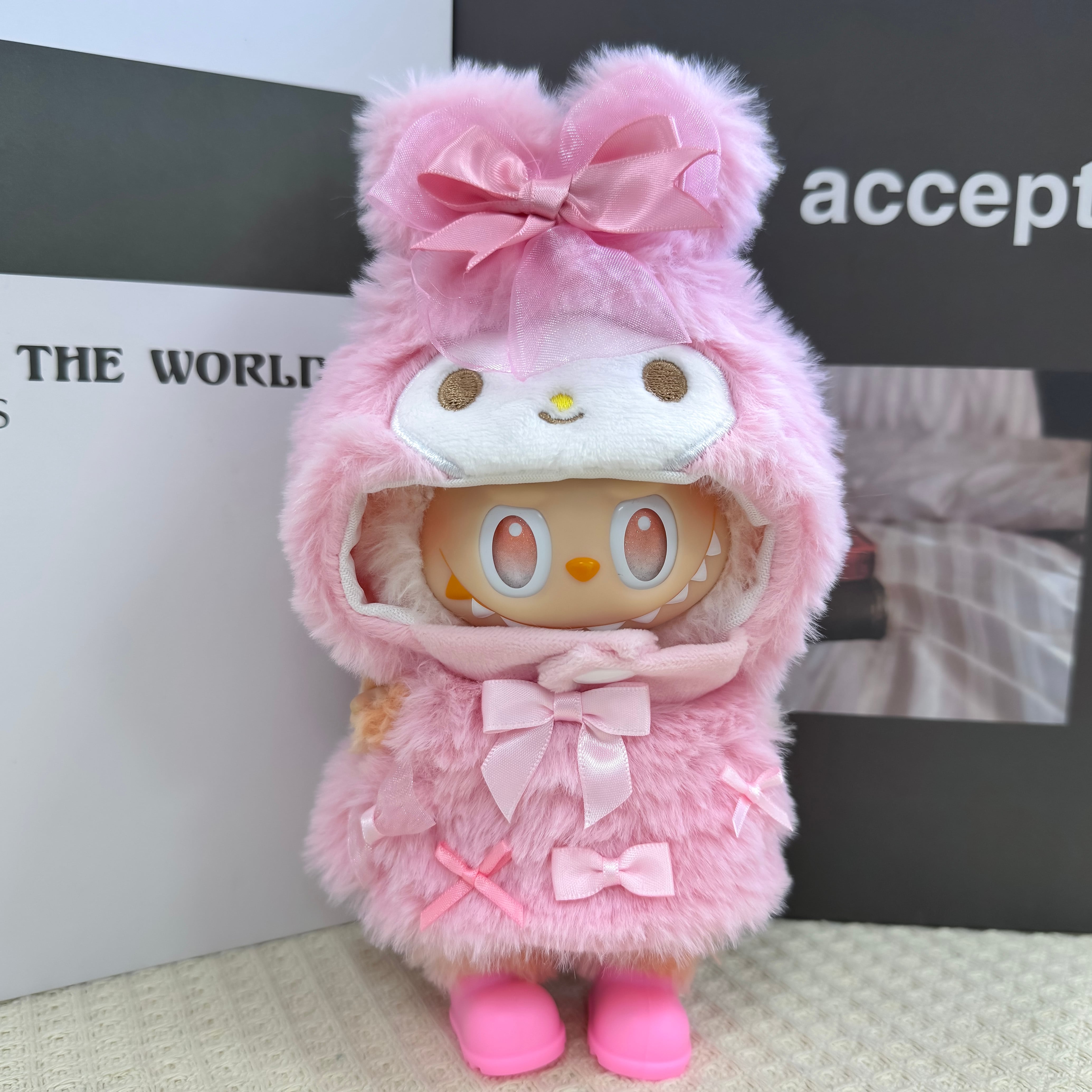 もふもふぷにぷん!labubuラブブのとろけるピンクネコセット 猫 ♡ でかリボンがたまらない可愛さ!1・2・3世代全対応 とろける可愛い