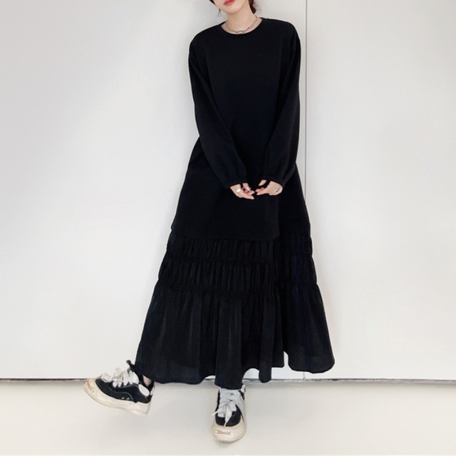 厚手ティアードデザインロングワンピース L00442