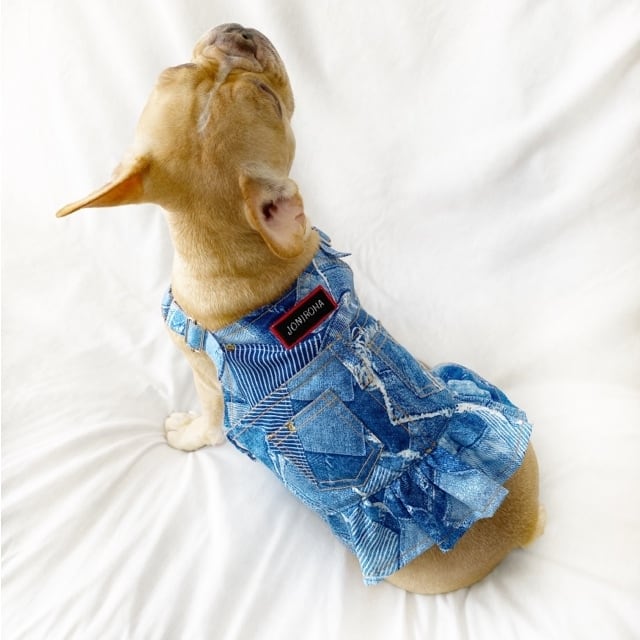 クール無し】お洒落なオーバーオールワンピ♡ライトインディゴ 犬服 犬