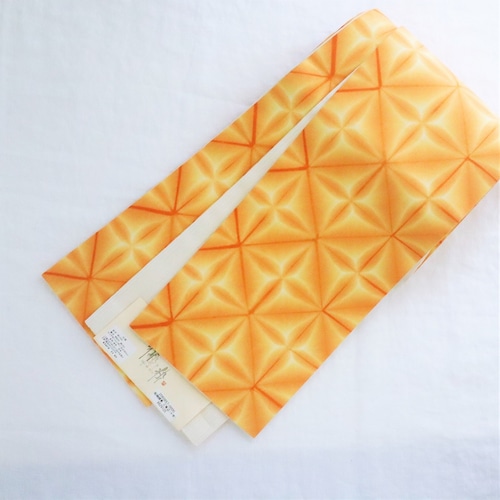 【半巾帯】綿と麻　六花板締め絞り　オレンジ色