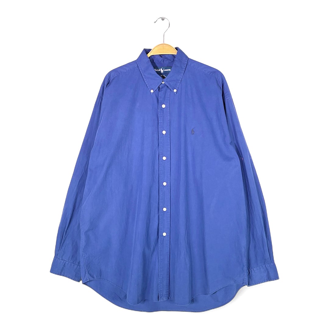 90s ラルフローレン ブレイク ボタンダウンシャツ 長袖シャツ ワンポイントロゴ ポニー刺繍 ネイビー RALPH LAUREN BLAKE メンズL 古着 @CA1497