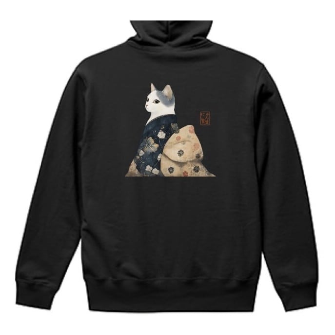 「振り返る猫の和装」プルオーバーパーカー/"Looking Back Cat in Japanese Clothing" Pullover Hoodie