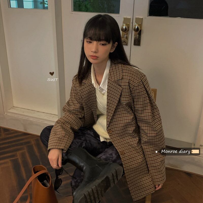 スタイルカジュアル格子柄ジャケット スプリングオータム薄手スタンダード レトロ 春物 秋物 モンロー23486219872