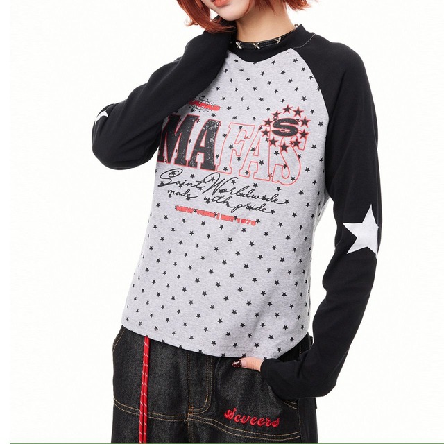 マルチスタープリントレタリングラグランTシャツ 2col   R02564