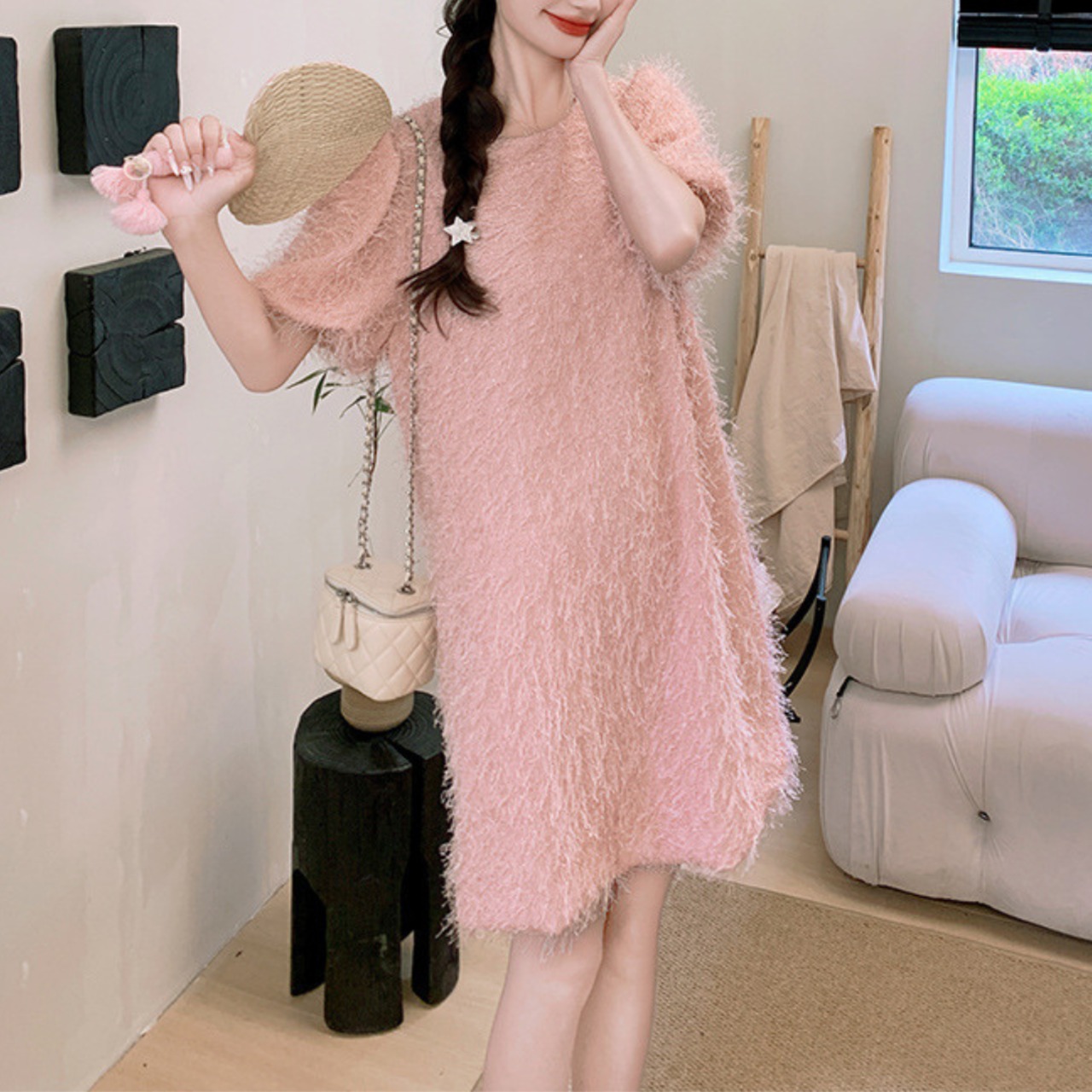 Pink Round Neck Fringed Dress 5070