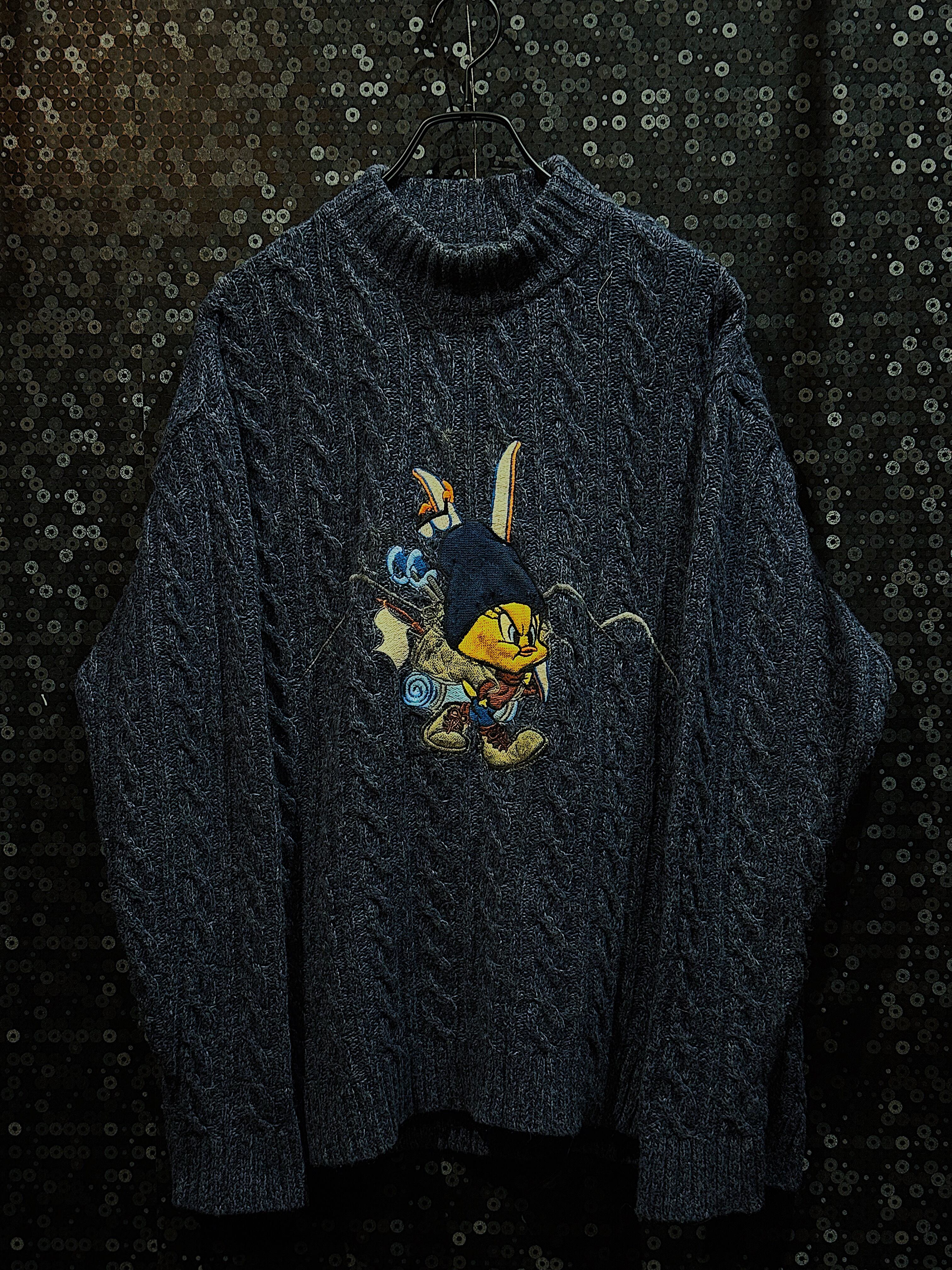 "Looney Tunes"vintage Tweety embroidery logo cable Knit sweater
