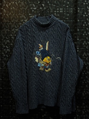 "Looney Tunes"vintage Tweety embroidery logo cable Knit sweater