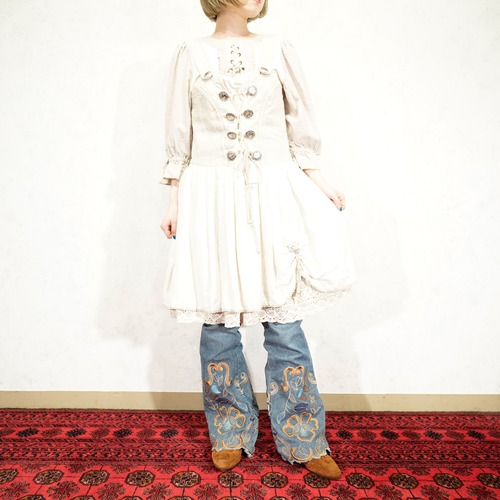 *SPECIAL ITEM* EU VINTAGE COIN BUTTON LACE UP DESIGN LINEN TYROLEAN MINI ONE PIECE/ヨーロッパ古着コインボタンレースアップデザインリネンミニワンピース