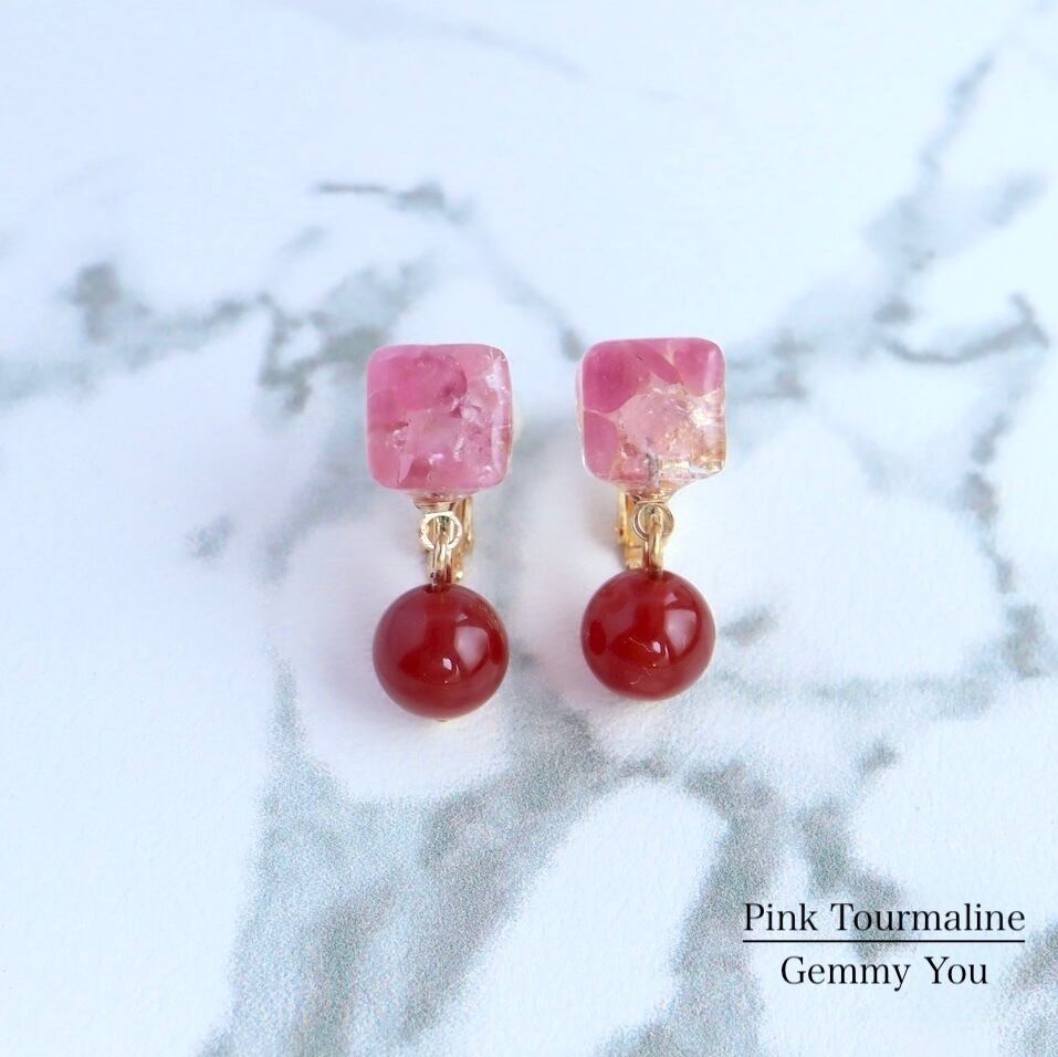 恋するピンクトルマリン + 赤めのう イヤリング アゲート 瑪瑙 原石 天然石