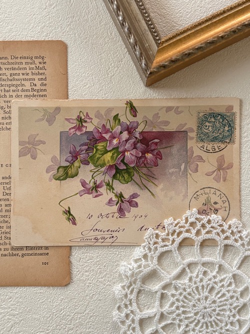 フランス アンティークポストカード すみれ violette 1904年  額装 インテリア 撮影小物 コラージュ