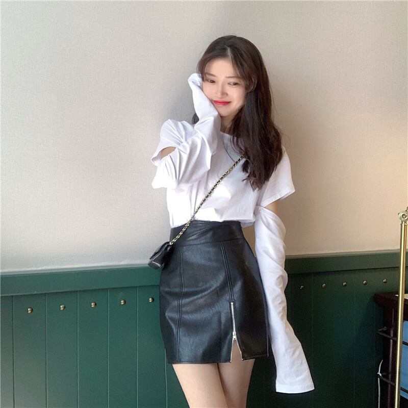 中空ステッチ長袖Tシャツ女子2020年秋新作ルーズスチューデントオールマッチ服ホワイトトップ ブラックストロベリース57950625276