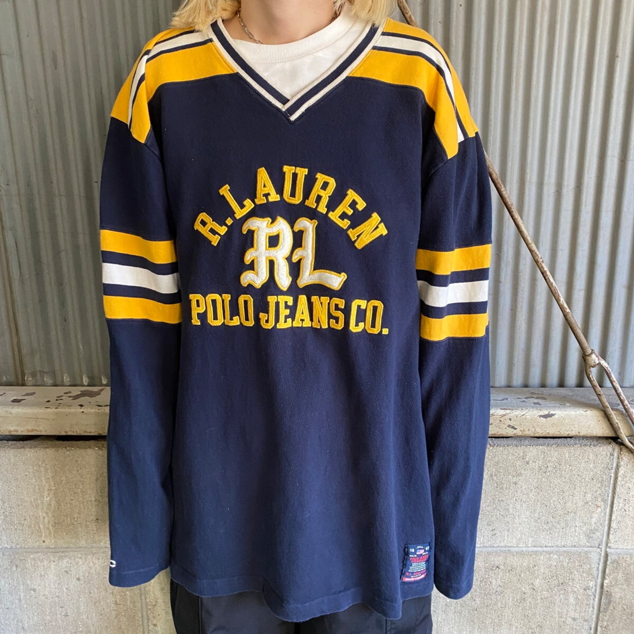 90年代 POLO JEANS ポロジーンズ フロントロゴ 刺繍 Vネック 