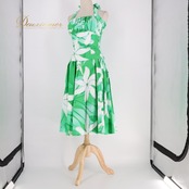 フラダンス 衣装 ALOHA STANDARDS アロハスタンダード ツーピース セットアップ 上下セット グリーン系 ホワイト系 日本製 ツートンカラー ホルターネック リボン ティアレ柄 ラウアエ柄 かわいい 華やか 鮮やか 明るい 爽やか 緑 白 練習