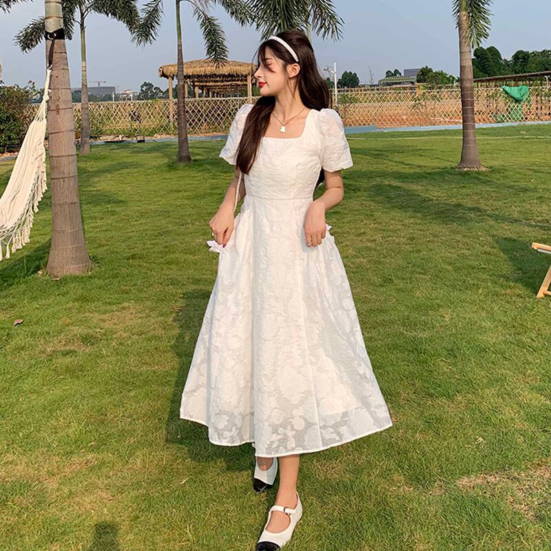 ホワイトスリーブドレス サマーロングスカート 夏物 スーパーモール13237907805